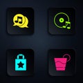 Set Cocktail, Musical note in speech bubble, Paper shopping bag and Vinyl disk. Black square button. Vector Royalty Free Stock Photo