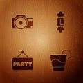 Set Cocktail, Photo camera, Signboard party and Candy on wooden background. Vector