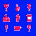 Set Cocktail shaker, Coffee cup, Glass champagne, to go, Whiskey bottle and glass, beer and Wine icon. Vector Royalty Free Stock Photo