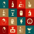 Set Cocktail, Wooden barrel, Glass bottle of vodka, Whiskey and glass, Wine, with, beer and shaker icon. Vector