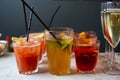 Set of cocktails and champagne in a glass on the bar table top made for party guests. Royalty Free Stock Photo