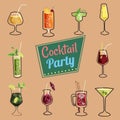 Set of cocktails icons packaging, web, menu, background. Cartoon style. Vector illustration.