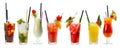 Set of cocktails, soft and long-drinks on a white background