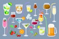 Set of coctails. classic Alcoholic drinks isolated on grey background glass of champagne, margarita, brandy, whiskey with ice, Royalty Free Stock Photo