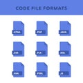 Set of code File Formats and Labels in flat icons style. Vector illustration