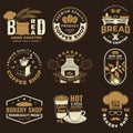 Set of Coffe shop and Bakery shoplogo, badge template. Vector. Design with dough, wheat ears, old oven, coffee cup Royalty Free Stock Photo