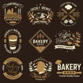 Set of Coffe shop and Bakery shoplogo, badge template. Vector. Design with dough, wheat ears, old oven, coffee cup Royalty Free Stock Photo