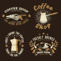 Set of Coffe shop logo, badge template. Vector. Typography design with coffee grinder, cup and branch of coffee tree