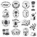 Set of Coffe shop logo, badge template. Vector Typography design with paper coffee cup and branch of coffee tree