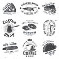 Set of Coffe shop logo and fast food badge. Vector Retro design with hotdog, burger, pizza, coffee cup, branch of coffee Royalty Free Stock Photo