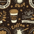 Set of Coffe shop seamless pattern or background. Vector Seamless scene with paper coffee cup, branch of coffee tree