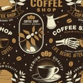 Set of Coffe shop seamless pattern or background. Vector Seamless scene with paper coffee cup, branch of coffee tree