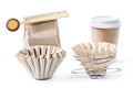 Set of coffee accessories papercup paper filter paperbag dripper