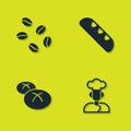 Set Coffee beans, Cook, Bread loaf and French baguette bread icon. Vector