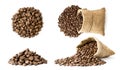 Set of coffee beans pile and in a bag, different look on a white background. Isolated Royalty Free Stock Photo