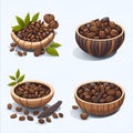 coffee beans in cup isolated over white, clipart, wooden