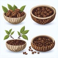 coffee beans in cup isolated over white, clipart, wooden