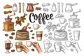 Set coffee. Sugar, beans, spoon, glass latte. Vintage vector engraving