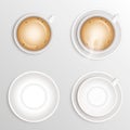 Set of coffee Beverage cappuccino, white ceramic cup or mug and empty round saucer isolated on light brown or craem background. Re Royalty Free Stock Photo
