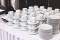 Set of coffee break lunch in the hotel restaurant during conference meeting, with tea and coffee catering, decorated banquet table Royalty Free Stock Photo