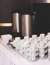 Set of coffee break lunch in the hotel restaurant during conference meeting, with tea and coffee catering, decorated banquet table Royalty Free Stock Photo