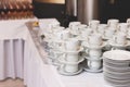 Set of coffee break lunch in the hotel restaurant during conference meeting, with tea and coffee catering, decorated banquet table Royalty Free Stock Photo