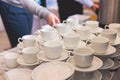 Set of coffee break lunch in the hotel restaurant during conference meeting, with tea and coffee catering, decorated banquet table Royalty Free Stock Photo