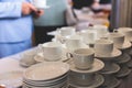 Set of coffee break lunch in the hotel restaurant during conference meeting, with tea and coffee catering, decorated banquet table Royalty Free Stock Photo