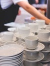 Set of coffee break lunch in the hotel restaurant during conference meeting, with tea and coffee catering, decorated banquet table Royalty Free Stock Photo