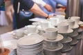 Set of coffee break lunch in the hotel restaurant during conference meeting, with tea and coffee catering, decorated banquet table Royalty Free Stock Photo