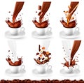 Set of coffee and cappucino with different flavors and splash in cups. Milk, chocolate, nuts, honey