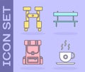 Set Coffee cup, Binoculars, Hiking backpack and Bench icon. Vector