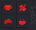 Set Coffee cup, Candy in heart shaped box, Rolling pin on dough and Cake icon. Vector Royalty Free Stock Photo