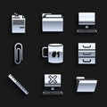 Set Coffee cup flat, Computer with keyboard and x mark, Document folder, Drawer documents, Ruler, Paper clip, monitor Royalty Free Stock Photo