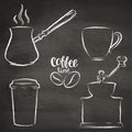 Set of coffee cup, grinder, pot grunge contours.