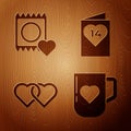 Set Coffee cup and heart, Condom in package, Two Linked Hearts and Valentines day flyer with heart on wooden background. Vector Royalty Free Stock Photo