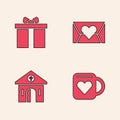 Set Coffee cup and heart, Gift box, Envelope with Valentine and Church building icon. Vector Royalty Free Stock Photo