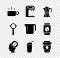 Set Coffee cup, machine, moca pot, Barista, Milkshake, to go, filter holder and icon. Vector Royalty Free Stock Photo