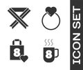 Set Coffee cup with 8 March, Breast cancer awareness ribbon, Shopping bag with heart and Wedding rings icon. Vector