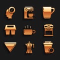 Set Coffee cup, moca pot, to go, machine, paper filter, and Barista icon. Vector Royalty Free Stock Photo
