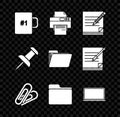 Set Coffee cup, Printer, Blank notebook and pencil with eraser, Paper clip, Document folder, Laptop, Push pin and icon