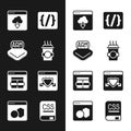 Set Coffee cup to go, Processor, Cloud technology data transfer, Programming language syntax, MySQL code, Browser with