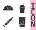 Set Coffee cup to go, Taco with tortilla, Grilled shish kebab and Milkshake icon. Vector