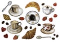 Set of coffee cups, croissants, coffees, spoons and coffee beans.