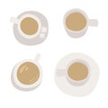 Set of coffee cups with delicious fragrant coffee, top view. a bowl with a saucer, with and without sugar Royalty Free Stock Photo