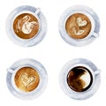 Watercolor set of white coffee cups with heart sign and latte art top view collection isolated on white background Royalty Free Stock Photo