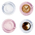 Watercolor set of coffee cups with heart sign and latte art top view collection isolated on white background Royalty Free Stock Photo
