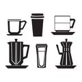 Set of coffee cups and pots silhouette vector illustration flat design style Royalty Free Stock Photo