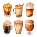 set with coffee drinks in glasses. sweet cold coffee drinks with milk and whipped cream.