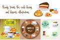 Set of Coffee drinks, sweets and bakery products. Some different illustrations. Vector Illustration